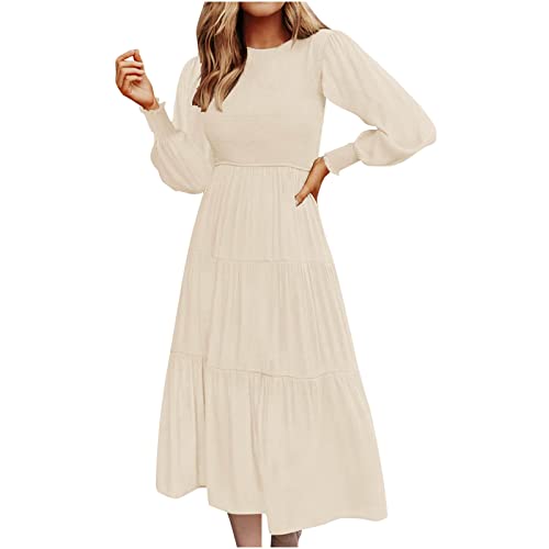 Lang Maxikleid Damen Herbst Lange Ärmel Kleid Elegant Abendkleid für Hochzeit Klassisch Falten Gesmoktes Kleid Einfarbig Freizeitkleid A-Linie Fließendes Swing Kleid Festliches Urlaub Strandkleid von WANGTIANXUE