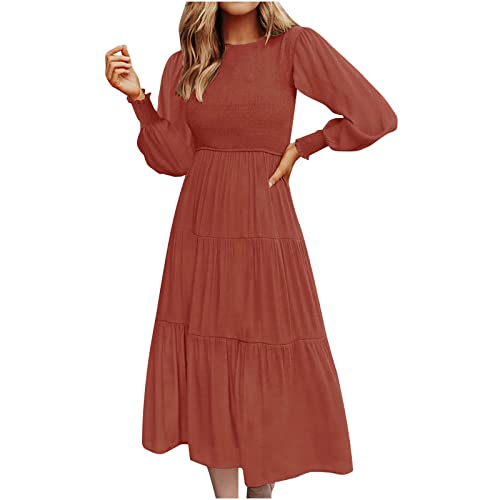 Lang Maxikleid Damen Herbst Lange Ärmel Kleid Elegant Abendkleid für Hochzeit Klassisch Falten Gesmoktes Kleid Einfarbig Freizeitkleid A-Linie Fließendes Swing Kleid Festliches Urlaub Strandkleid von WANGTIANXUE