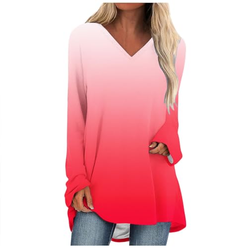 Langarmshirt Damen Baumwolle V Ausschnitt Lang T Shirt Locker Casual Langarm Tshirt Longshirt Damen Lässig für Leggings Oberteile Damen Herbst Elegant Langarmshirts Teenager-Mädchen Sport Basic Tops von WANGTIANXUE