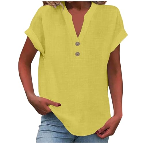 Tshirt Damen, Leinenbluse Damen V-Ausschnitt Große Größen Musselin Bluse Leicht und Luftig Sommerblusen Mode 2025 T Shirt Lose Sommer Tunika Oberteile Oversize Shirts Fra Elegant Blusenshirt von WANGTIANXUE