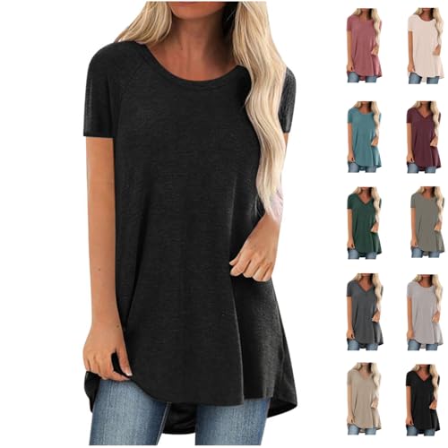 Longtops Damen Lang Tunika Sommer Long Shirt Elegant Hemd Longshirt Große Größen Lässige Blusen für Leggings Kurzarm Einfarbig Sommerbluse Vintage Oberteile Sommershirts Rundhals Locker Pullover Tops von WANGTIANXUE