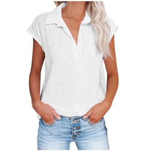 Musselin Bluse Damen Große Größen Leinenbluse Sommer Leicht Leinenhemd Kurzarm V-Ausschnitt Leinen Shirts Elegant Kurzarmshirt Hawaii Damenbluse Sommermode 2024 Blusen Tuniken Damen Lässige Oberteil von WANGTIANXUE