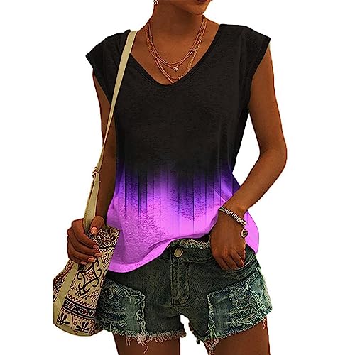 Oberteile Damen Kurzarm Sommer T Shirt V-Ausschnitt Sommershirts Blumendruck Tshirt T-Shirts für Damen Baumwolle Sommerbluse Elegant Tunika Basic Tank Top Bunte Shirt ausgefallene Tshirts Sportshirt von WANGTIANXUE