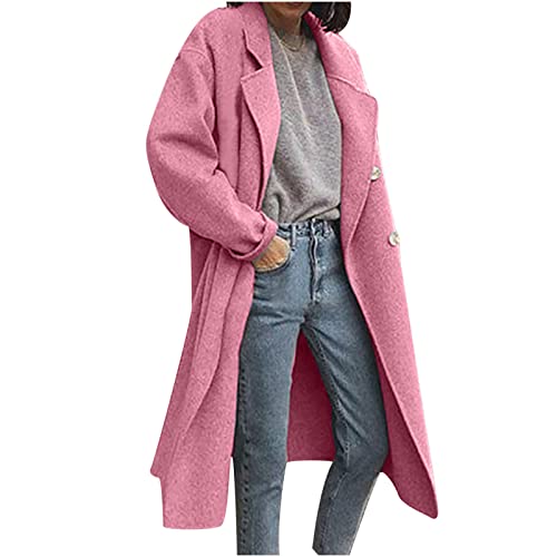 Schlanke Dufflecoat Wolljacke Knöpfe Damen Peacoat Trenchcoat Wollmantel Winter Lang Parka Winddichter Frauenmantel Warm Business Casual Mantel Übergangsjacke Elegant Taschen Streetwear Wintercoat von WANGTIANXUE