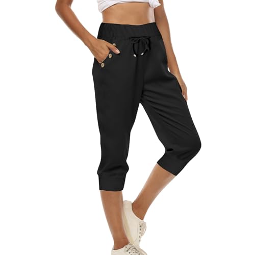 Sommerhose Damen Leicht 3/4 Jogginghose Baumwolle Sporthose Casual Jogger Capri Hose Kurze Laufhose Sommer Sport Sweathose Einfarbig Sweatpants mit Taschen Stretch Freizeithose Trainingshose von WANGTIANXUE