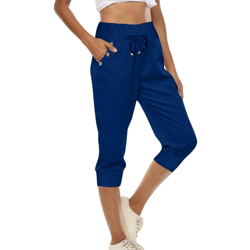 Sommerhose Damen Leicht 3/4 Jogginghose Baumwolle Sporthose Casual Jogger Capri Hose Kurze Laufhose Sommer Sport Sweathose Einfarbig Sweatpants mit Taschen Stretch Freizeithose Trainingshose von WANGTIANXUE