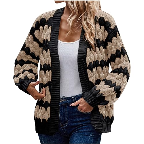 Strickjacke Damen Grobstrick Cardigan Mode Strickjacken für Damen Lang Offen Front Mantel mit Knopf Farbblock Strickcardigan Lässig Lose Strickpullover Herbst Winter Sweater Gutschein Angebote von WANGTIANXUE