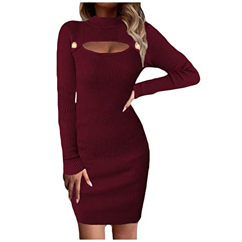 Strickkleid Damen Cutout Pulloverkleid Casual Lange Ärmel Winterkleid Elegant Strickkleider Rundhals Strickpullover Schlanke Passform Pulloverkleid Knitted Warm Pulli Minikleid Tunika Kleid Streetwear von WANGTIANXUE