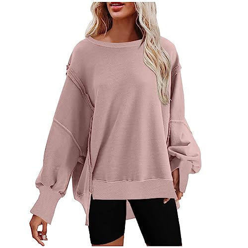 Sweatshirt Damen Oversized Langarmshirt Seitlich Geteilter Pullover Rundhals Langarm Oberteile Basic Sportlich Tops Retro Einfarbig Bluse Tops Locker Casual Pulli ohne Kapuze Gutschein Angebote von WANGTIANXUE