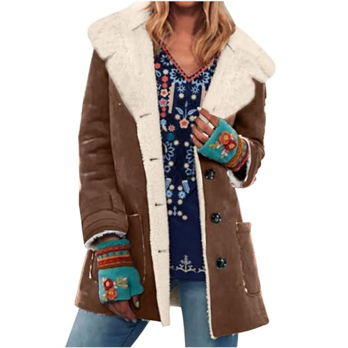 Teddy Fleece Mantel Damen Lang Fleecejacke Übergröße Retro Mäntel Warme Fleecemantel Wildleder-Sherpa Plüschmantel Outdoor Wintermantel Trenchcoat Oberbekleidung Button Down Übergangsmantel von WANGTIANXUE