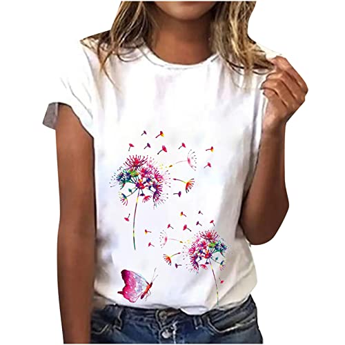 Tshirt Damen,Weisses T Shirt Damen Sommer T-Shirt Damen Basic T Shirt Bedrucken Rundhalsausschnitt Weiß Oberteile Baumwolle Casual Damen Kurzarm Bluse Tops Klamotten Teenager Mädchen Sportshirt von WANGTIANXUE