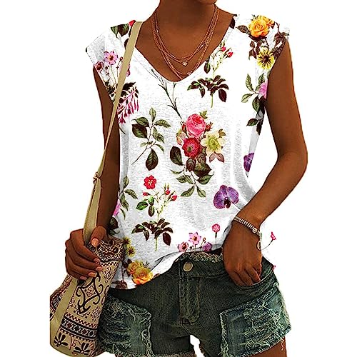 Tshirt Damen Kurzarm Sommer T Shirt V-Ausschnitt Sommershirts Blumendruck Oberteile T-Shirts für Damen Baumwolle Sommerbluse Elegant Tunika Basic Tank Top Bunte Shirt Sportshirt 2024 von WANGTIANXUE