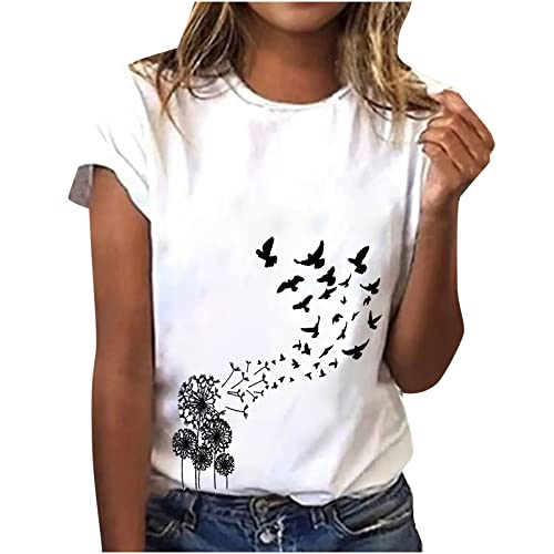 Tshirt Damen Sommer T-Shirt Kurzarm Rundhals Tops Mode Blumendruck Tunika Bluse Locker Basic Shirt Lässige All-Match Sommershirt Fitness Sportshirt Teenager Mädchen Oberteil Gutschein Angebote von WANGTIANXUE