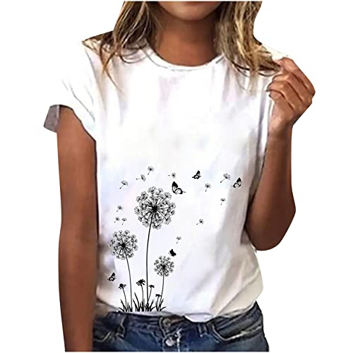 Tshirt Damen Sommer T-Shirt Kurzarm Rundhals Tops Mode Blumendruck Tunika Bluse Locker Basic Shirt Lässige All-Match Sommershirt Fitness Sportshirt Teenager Mädchen Oberteil Gutschein Angebote von WANGTIANXUE