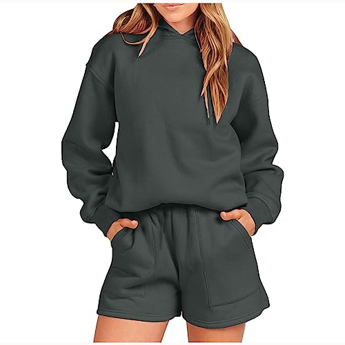 WANGTIANXUE 2 Teiliges Sportanzug Damen Outfit Sweatsuit Übergroßes Langarm Sweatshirt und Lounge-Shorts Herbst Sport Set 2023 Lässiges Gemütliches Pyjama Trainingsanzug Set von WANGTIANXUE