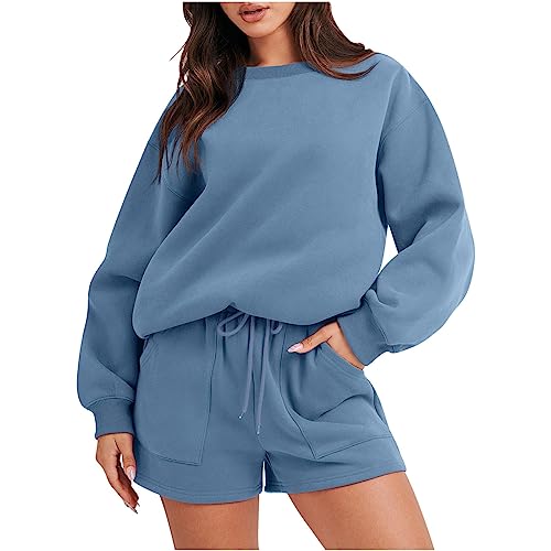 WANGTIANXUE 2 Teiliges Sportanzug Damen Outfit Sweatsuit Übergroßes Langarm Sweatshirt und Lounge-Shorts Herbst Sport Set 2023 Lässiges Gemütliches Pyjama Trainingsanzug Set von WANGTIANXUE