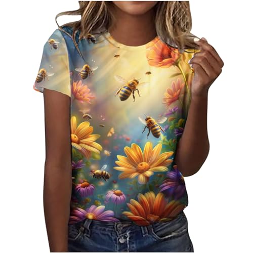 WANGTIANXUE Bienenfest Tshirt Damen Oversize, Bunte Bee Druck Tshirt, Sport Lässig Tshirt 2024 Bee Festival Baggy Frühling Sportshirt Oberteil Longshirt Blusen V Ausschnitt Party Top Longbluse von WANGTIANXUE