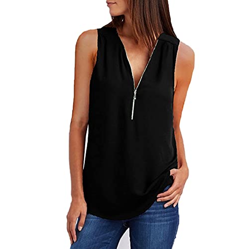 WANGTIANXUE Damen Chiffon Tanktop ärmellos Sommer Tank Top mit Zipper einfarbig V-Ausschnitt Sommertop Bluse Shirt Klamotten Damen Elegant Tunika Oberteil Basic Tops von WANGTIANXUE