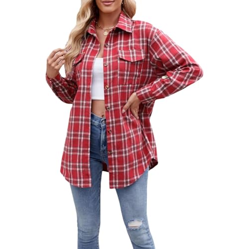 WANGTIANXUE Damen Hemdjacke Karierte Shacket Langarm Hemd Bluse Mantel Flanell Jacke Damen Hemdbluse HolzfäLlerhemd Oberteile von WANGTIANXUE