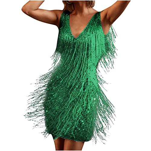 WANGTIANXUE Fransenkleid Glitzerkleid Kurze Kleider mit Fransen Halloween Karneval Kostüm Sexy Ärmellose Minikleid Sommer Partykleid Straps-Spaghettiträger Cocktailkleid Mottoparty von WANGTIANXUE