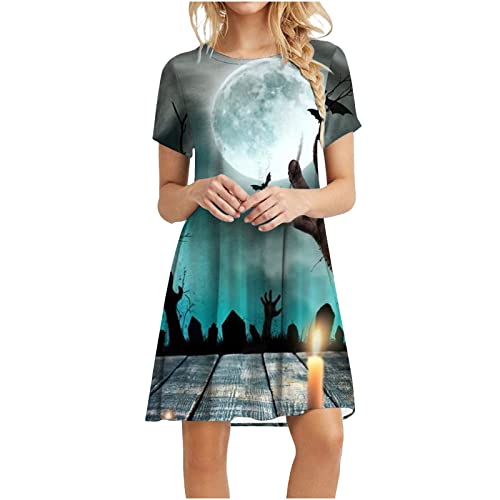 WANGTIANXUE Halloween Karneval Kostüm Gothic Kleid Damen Rundhals Kurzarm Shirtkleid Halloween Drucken Minikleid A-Linie Kurz Partykleid Schlank Cocktailkleid Fasching Kleid Set Mottoparty von WANGTIANXUE