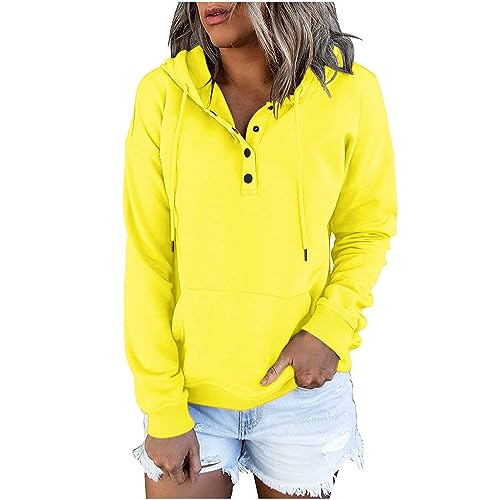 WANGTIANXUE Kapuzenpullover Damen Langarm Knöpfleiste Pullover mit Kordelzug Freizeit V-Ausschnitt Hooded Sweatshirt Klassisch Sweatjacke 2024 Kapuzenjacke Autumn Winter Lang Hoodie Sweatshirtjacke von WANGTIANXUE