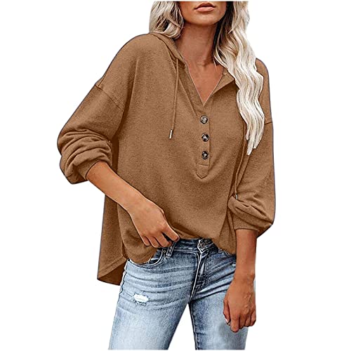 WANGTIANXUE Kapuzenpullover Damen Langarm V-Ausschnitt Sweatshirt Casual Knopfleiste Hoodie Elegant Sweatjacke mit Kordelzug Winter Herbst Leichter Pullover Gutschein Angebote Sale Geschenke von WANGTIANXUE