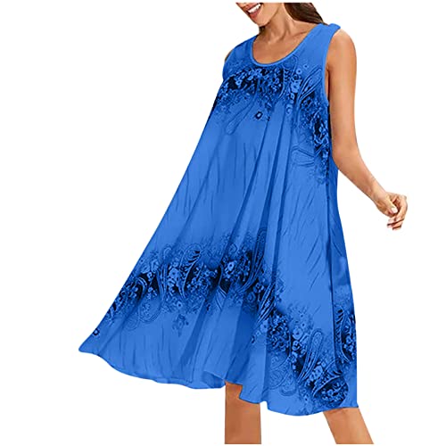 WANGTIANXUE Kleid Damen Ärmellos Rundhals Sommerkleid Elegant Kurz Minikleid Bedruckter Boho Strandkleid Lose Blusenkleid Swing Freizeitkleid Mädchen Festlich Partykleid Lässig Tank Top Kleid von WANGTIANXUE