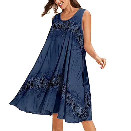 WANGTIANXUE Kleid Damen Ärmellos Rundhals Sommerkleid Elegant Kurz Minikleid Bedruckter Boho Strandkleid Lose Blusenkleid Swing Freizeitkleid Mädchen Festlich Partykleid Lässig Tank Top Kleid von WANGTIANXUE