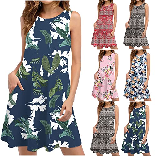 WANGTIANXUE Kleid Damen Ärmellos Rundhals Sommerkleid Elegant Minikleid mit Taschen Bedruckter Boho Strandkleid Lose Blusenkleid Swing Freizeitkleid Festlich Partykleid Lässig Tank Top Kleid von WANGTIANXUE