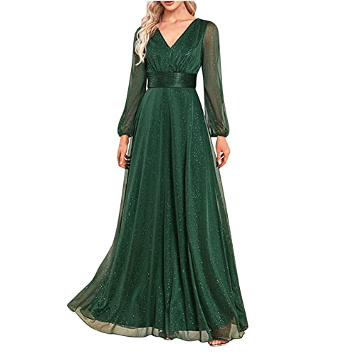 WANGTIANXUE Kleid Damen V-Ausschnitt Hohe Taill Cocktailkleid Elegant Einfarbig Chiffon Abendkleid Brautjungfernkleider für Hochzeit Swing Schlank Partykleid Maxi Lang Festlich Ballkleid von WANGTIANXUE