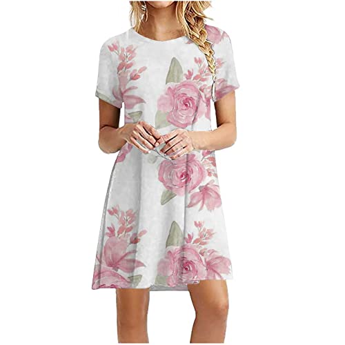 WANGTIANXUE Kleider Damen A-Linie Sommerkleid Rundhals Kurzarm Minikleid Elegant Kurz Boho Strandkleid Bedrucktes Partykleid Casual T-Shirt Freizetkleid Lose Swing Shirtkleid Tunika Kleid von WANGTIANXUE