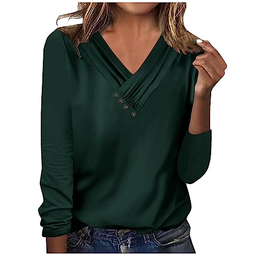 WANGTIANXUE Langarmshirt Damen Baumwolle Elegant V-Ausschnitt Tunika Bluse mit Knöpfen Locker Casual Langarm Tshirt Blumen Drucken Langarmshirts Frauen Sexy Pullover Tops Lässige Oberteile Shirt von WANGTIANXUE