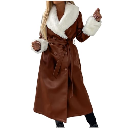 WANGTIANXUE Lederjacke Damen Lang Elegante Zweireihiges Revers Kunstlederjacke mit Gürtel Frauen Slim Fit Einfarbig Ledermantel Winter Teddy Fleece Mantel Winddichte Jacke von WANGTIANXUE