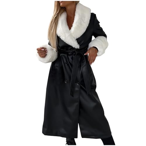 WANGTIANXUE Lederjacke Damen Lang Elegante Zweireihiges Revers Kunstlederjacke mit Gürtel Frauen Slim Fit Einfarbig Ledermantel Winter Teddy Fleece Mantel Winddichte Jacke von WANGTIANXUE