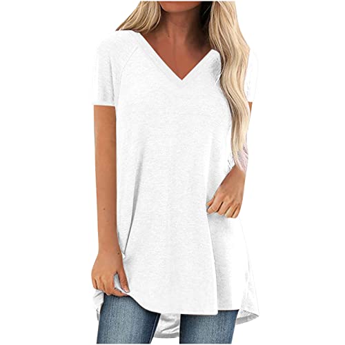 WANGTIANXUE Longshirt Damen Einfarbige Basic Shirt Sommer Kurzarm V-Ausschnitt Lange Tshirt Oberteile Tunika Sport Longtops Lose Long Sweatshirt Sommershirts Longshirt Damen Lässig für Leggings von WANGTIANXUE