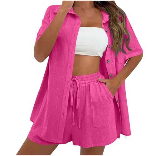 WANGTIANXUE Musselin Set Damen Damen Zweiteiler Sets Elegant Musselin Bluse Hemd und Kurz Hose Sommer Clothes Y2k Aesthetic Zweiteiler Lounge Set Strand Outfit Two Piece Set Freizeit von WANGTIANXUE