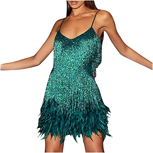 WANGTIANXUE Paillettenkleid Damen Kurz Partykleid mit Quaste Sexy Cocotail Party Festlich Ball Minikleid Tanzkleid Glitzer Feder Kleid Ärmellos Glitzerkleid Cocktailkleider Samba Tango Latein Outfits von WANGTIANXUE