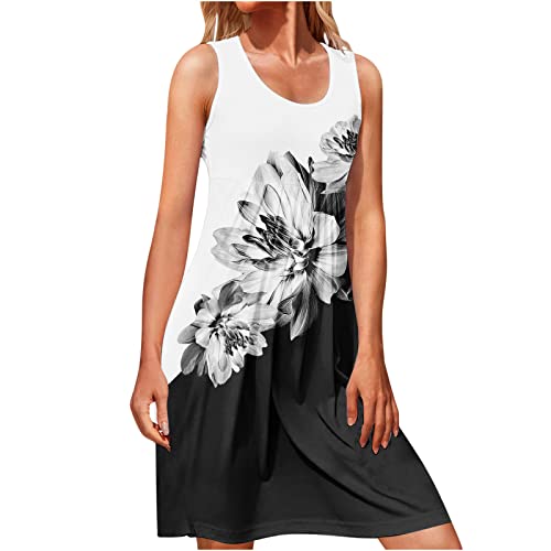 WANGTIANXUE Sommerkleid Damen Ärmellos Rundhals Tank Top Kleid Elegant Knielang Partykleid Blumen Drucken Boho Strandkleid Lässig Shirtkleid Swing Freizeitkleid Sexy A-Linie Kurz Kleider von WANGTIANXUE