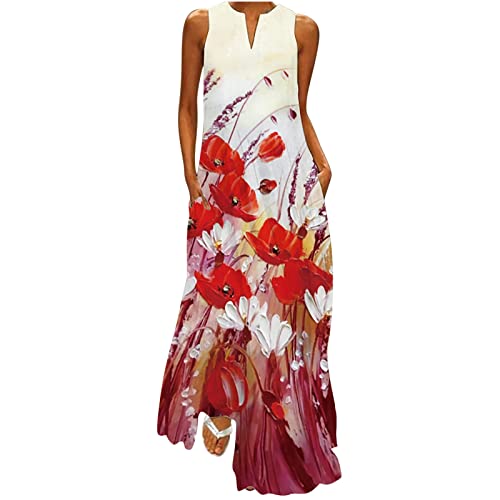 WANGTIANXUE Sommerkleid Damen Ärmellos V-Ausschnitt Tank Top Kleid Kaftan Maxikleid Lässig Blusenkleid mit Taschen Drucken Boho Strandkleid Elegant Freizeitkleid Tunika Kleid Große Größen von WANGTIANXUE