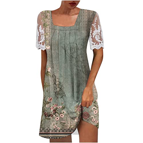 WANGTIANXUE Sommerkleid Damen Kurzarm T-Shirt Kleider Lässiges Boho Strandkleid Sommer Elegant Minikleid Vintage Bunt Blumendruck Blusenkleid Hohe Taille Partykleid Shirtkleid Tunika Kleid von WANGTIANXUE