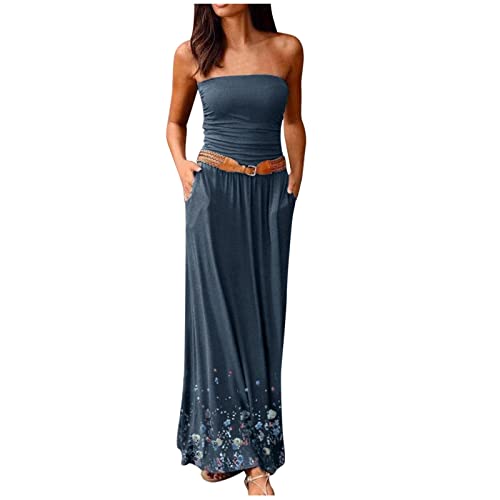 WANGTIANXUE Sommerkleid Damen Maxi Langes Kleid mit Taschen Elegant Drucken Maxikleid Sexy Trägerloses Etuikleid Urlaub Boho Strandkleid Festlich Partykleid Lässig Bandeau Kleider Freizeitkleid von WANGTIANXUE