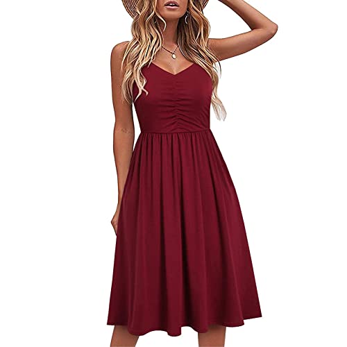 WANGTIANXUE Sommerkleid Damen V-Ausschnitt Camisole Kleid Elegant Knielang Cocktailkleid Drucken Boho Strandkleid Mädchen Festlich Partykleid Swing Freizeitkleid Hohe Taille Tank Top Kleider von WANGTIANXUE