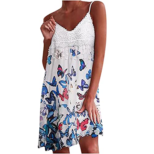 WANGTIANXUE Sommerkleid Damen V-Ausschnitt Camisole Kleid Elegant Knielang Spitzenkleid Drucken Boho Strandkleid Mädchen Festlich Partykleid Swing Freizeitkleid Hohe Taille Tank Top Kleider von WANGTIANXUE