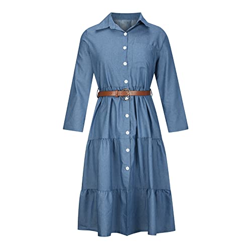 WANGTIANXUE Vintage Kleid Damen Denim Kleid Herbst Langarm Hemdkleid Reversbrust Tunika Blusenkleid Bequemes Lang Kleid Einfarbiges Jeanskleid Elegant Patchwork Rüschenkleid mit Gürtel von WANGTIANXUE