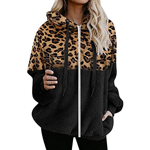 Winterjacke Damen Teddy-Fleece Plüschjacke Zip Hoodie Jacke Herbst Winter Warme Kapuzenjacke Stylische Leoparden Farbblock Fleecejacke mit Taschen Locker Lässige Flauschjacke Gutschein Angebote von WANGTIANXUE