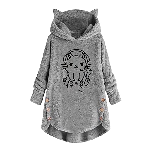 Wintermantel Damen Warm Plüsch Mantel Mädchen Plüschjacke Katze Aufdruck Fleece Hoodie Pullover mit Katzenohren Kapuze Winter Warmer Langarm Winterjacke Oversized Kapuzenpullover Winterpulli von WANGTIANXUE