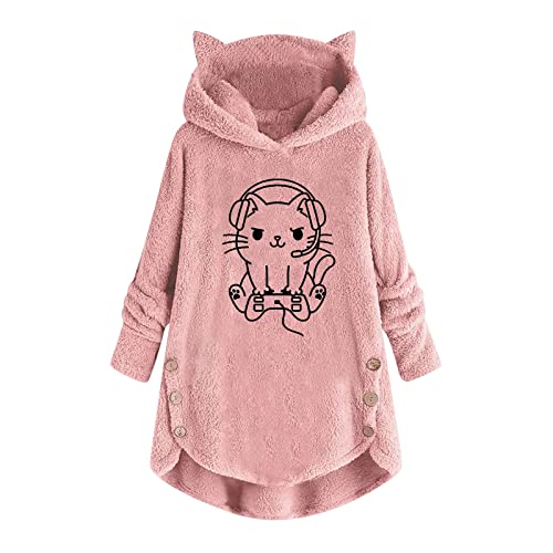 Wintermantel Damen Warm Plüsch Mantel Mädchen Plüschjacke Katze Aufdruck Fleece Hoodie Pullover mit Katzenohren Kapuze Winter Warmer Langarm Winterjacke Oversized Kapuzenpullover Winterpulli von WANGTIANXUE