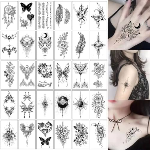 30 Blätter Tatoos Aufkleben Damen, Schwarz Fake Tattoos, Temporäre Sets, Klebe Tattoos Zum Aufkleben, Wasserdicht Temporary Sticker für Erwachsene Männer und Frauen 30 Blätter Tatoos Aufkleben Damen, Schwarz Fake Tattoos, Temporäre Sets, Klebe Tattoos Zum Aufkleben, Wasserdicht Temporary Sticker für Erwachsene Männer und Frauen von WANGZAIZAI