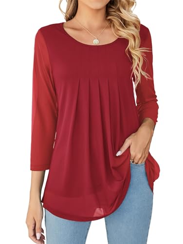 WANGZHI Bluse Damen 3/4 Ärmel Oberteil Rundhalsausschnitt Hemden doppellagig Mesh Bluse Tuniken von WANGZHI